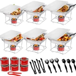6 Pack - Disposable Chafing Dish Buffet Set, Welded Body Food Warmers for Parties, Fuel Cans Complete Set, Half Size Pans, Warming Trays