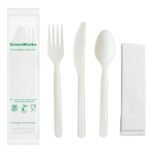 GreenWorks 7" Heavy-duty Compostable Cutlery Kits, BPI Certified, 200 Sets (Fork, Spoon,Knife,Napkin 4 in 1) Individually Wrapped With Compostable Bags，Alternative to Plastic Disposable Utensils
