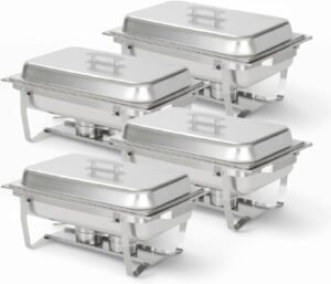 4 Pack Chafing Dish Full Set – Stainless Steel Catering Chafer with Lids, Pans & Fuel Holders – Buffet Food Warmers for Parties, Events & Weddings – Alpine Gray Handles