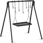 Campfire Swing Grill Stand Adjustable Grill Cooking Stand Hanging Rack with 8 Hooks and Accessories Campfire Cooking Equipment for BBQ Picnic Outdoor Party(Normal Tray)