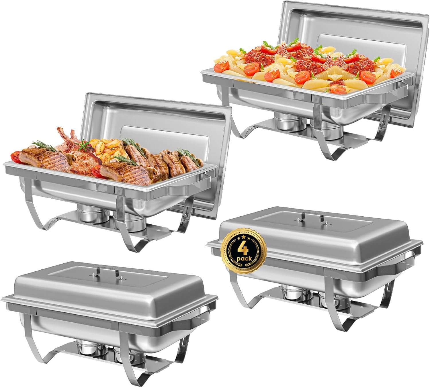 7107gcmIIML._AC_SL1500_.jpg 4 Pack Chafing Dish Buffet Set, 8QT Stainless Steel Rectangular Chafers and Buffet Warmer Sets for Catering, with Food & Water Pan, Lid, Foldable Frame, Fuel Holder for Event Party Holiday - Image 1