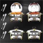 4-Pack 5QT Round Stainless Steel Chafing Dishes for Buffet with Elegant Gold Finish - Buffet Servers and Warmers, Food Warmers for Parties, Weddings, Catering - Includes Tongs and Spoons