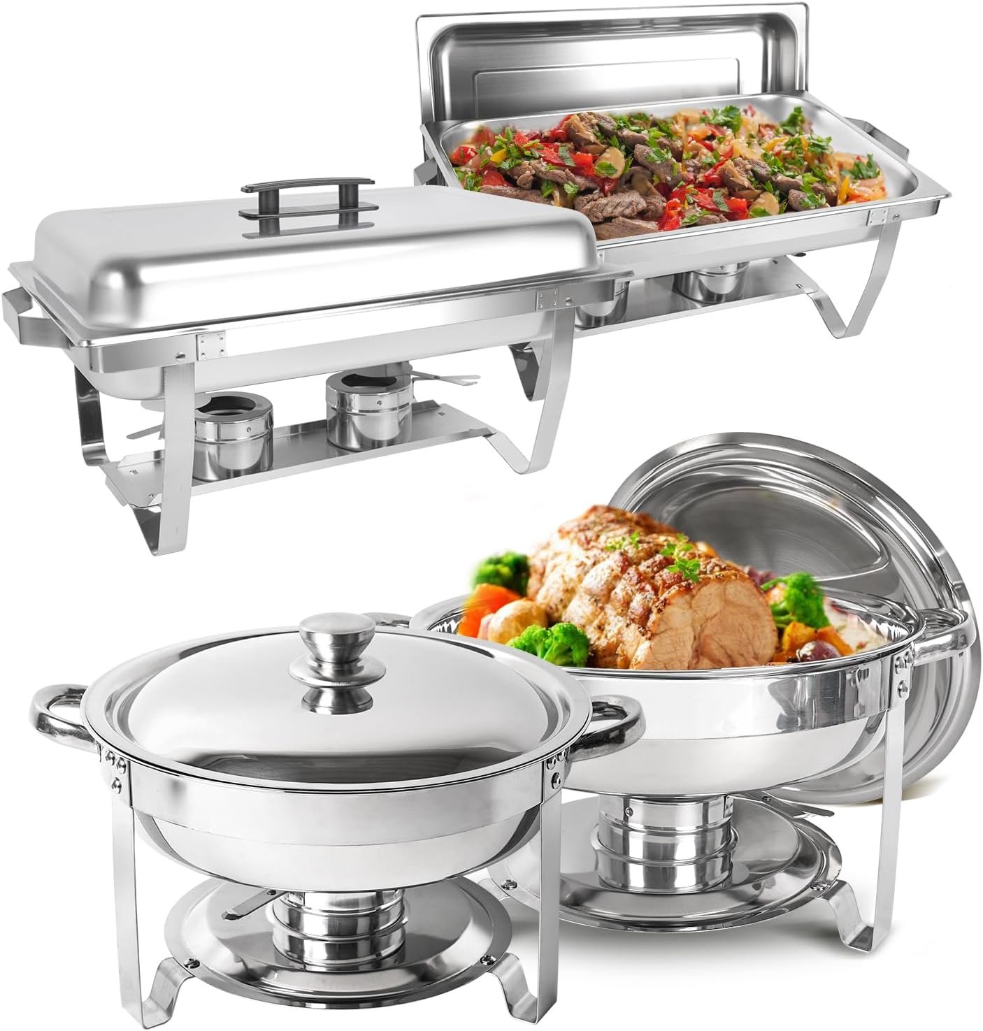714tVOOlqbL._AC_SL1500_.jpg Chafing Dish Buffet Set 4 Pack, 8 QT Rectangle & 5QT Round Stainless Steel Chafer for Catering, Chafers and Buffet Warmer Sets w/Food & Water Pan, Lid, Fuel Holder for Event Party Holiday - Image 1