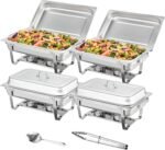 VEVOR Chafing Dish Buffet Set, 8 Qt 4 Pack, Stainless Chafer w/ 4 Full Size Pans, Rectangle Catering Warmer Server w/Lid Water Pan Folding Stand Fuel Tray Holder Spoon Clip, at Least 8 People Each