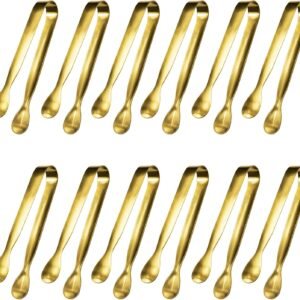 JCREN 12 Pcs Serving Tongs, Small Serving Utensils for Parties Catering Gold Tongs, Food-Grade 304 Stainless Steel Mini Appetizer Tongs for Tea Party Coffee Bar, 4" Sugar Tongs - Gold