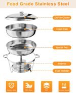 Chafing Dish Buffet Set 2 Pack, 5QT Round Stainless Steel Chafer and Food Warmers with Food & Water Pan, Lid, Frame, Fuel Holder for Catering, Parties, Events, Wedding, Camping, Dinner - Image 2