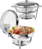 Chafing Dish Buffet Set 2 Pack, 5QT Round Stainless Steel Chafer and Food Warmers with Food & Water Pan, Lid, Frame, Fuel Holder for Catering, Parties, Events, Wedding, Camping, Dinner