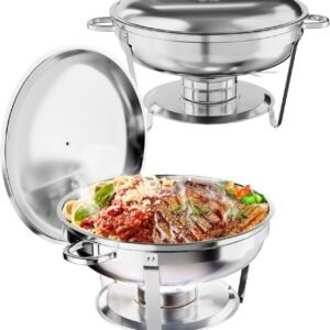 Chafing Dish Buffet Set 2 Pack, 5QT Round Stainless Steel Chafer and Food Warmers with Food & Water Pan, Lid, Frame, Fuel Holder for Catering, Parties, Events, Wedding, Camping, Dinner