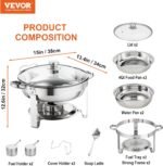 VEVOR Chafing Dish Buffet Set, 4 Qt 2 Pack, Stainless Steel Chafer w/ 2 Full Size Pans, Round Catering Warmer Server w/Vented Glass Lid Water Pan Stand Fuel Holder Hook Spoon, at Least 4 People Each - Image 9