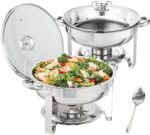 VEVOR Chafing Dish Buffet Set, 4 Qt 2 Pack, Stainless Steel Chafer w/ 2 Full Size Pans, Round Catering Warmer Server w/Vented Glass Lid Water Pan Stand Fuel Holder Hook Spoon, at Least 4 People Each