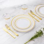 Goodluck 600 Pieces Gold Disposable Plates for 100 Guests, Plastic Plates for Party, Dinnerware Set of 100 Dinner and 100 Dessert Plates, 100 Spoons, 100 Forks, 100 Knives, 100 Cups - Image 2