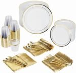 Prestee 600-Piece Disposable Party Dinnerware Set for 100 Guests - Gold Silverware Disposable with Plates, Cups, Knives, Forks, Spoons - Elegant Utensils for Wedding, Reception and Events Supplies