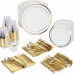 Prestee 600-Piece Disposable Party Dinnerware Set for 100 Guests - Gold Silverware Disposable with Plates, Cups, Knives, Forks, Spoons - Elegant Utensils for Wedding, Reception and Events Supplies