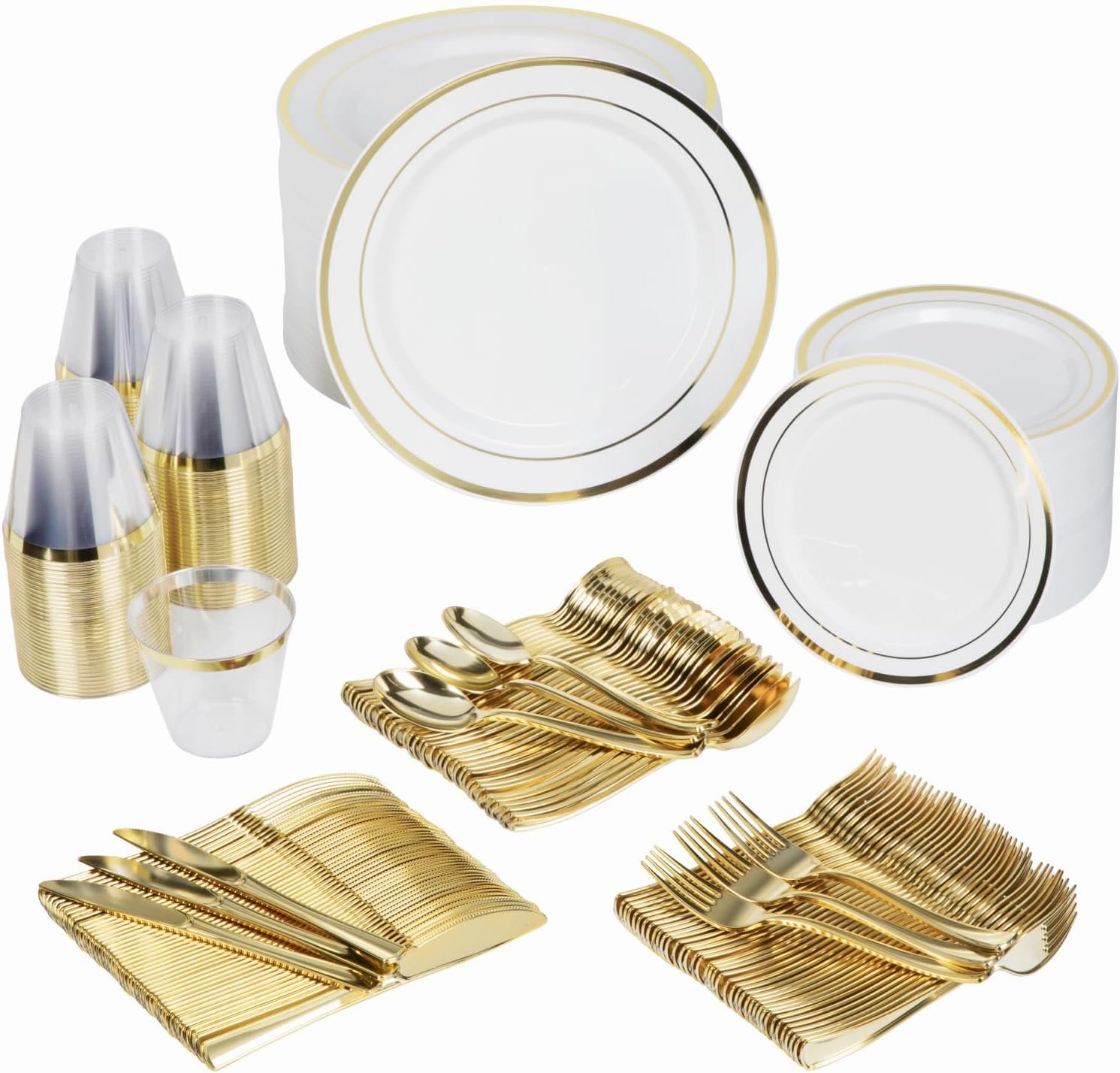 71f0foOecYL._AC_SL1500_.jpg Prestee 600-Piece Disposable Party Dinnerware Set for 100 Guests - Gold Silverware Disposable with Plates, Cups, Knives, Forks, Spoons - Elegant Utensils for Wedding, Reception and Events Supplies - Image 1