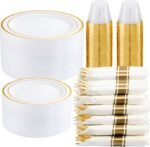 WELLIFE 350-Piece Gold Disposable Plates and Cutlery Set - Premium 10.25" Dinner Plates, 7.5" Dessert Plates, 9oz Cups & Cutlery for Weddings, Catering Events - 50 Guest Service - Elegant & Sturdy