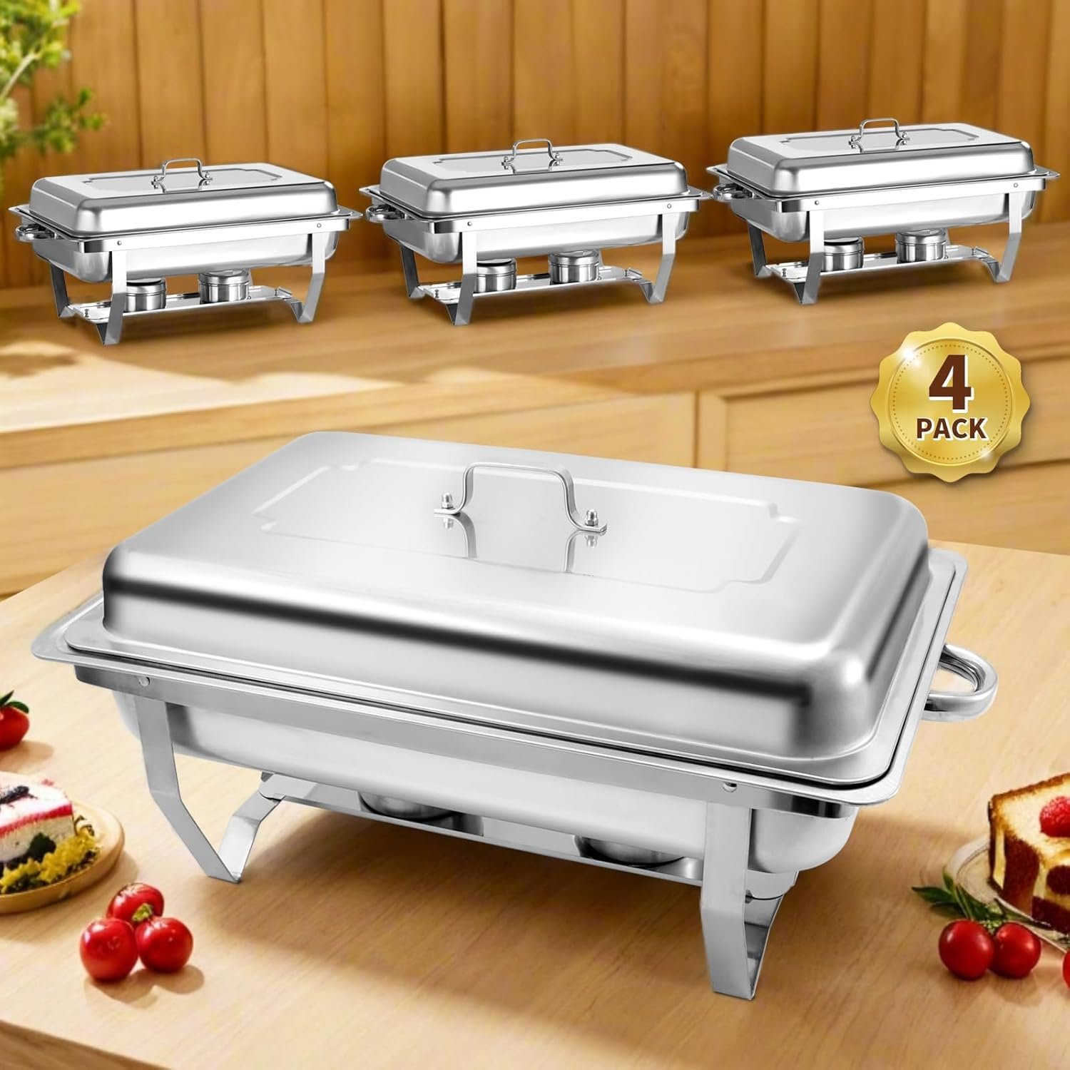 71hesD1B5WL._AC_SL1500_.jpg 8 Qt 4 Pack Full Size Stainless Steel Chafing Dishes Buffet Set, Silver Rectangular Catering Chafer Warmer Set with Trays Pan Lid Folding Frame Stand for Kitchen Party Banquet Dining - Image 1