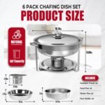 Chafing Dish Buffet Set of 6 Pack, 5QT Round Stainless Steel Chafer for Catering, Upgraded Chafers and Buffet Warmer Sets with Food & Water Pan, Lid, Frame, Fuel Holder for Event Party Holiday - Image 2