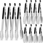 Chengu 12 Pack Stainless Steel Kitchen Tongs 7/9/12 Inches Food Serving Clip Kitchen Cooking Tongs High Heat Resistant Clips for Cooking Non Stick Locking Grill Salad (Black)
