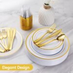 Goodluck 600 Pieces Gold Disposable Plates for 100 Guests, Plastic Plates for Party, Dinnerware Set of 100 Dinner and 100 Dessert Plates, 100 Spoons, 100 Forks, 100 Knives, 100 Cups - Image 4