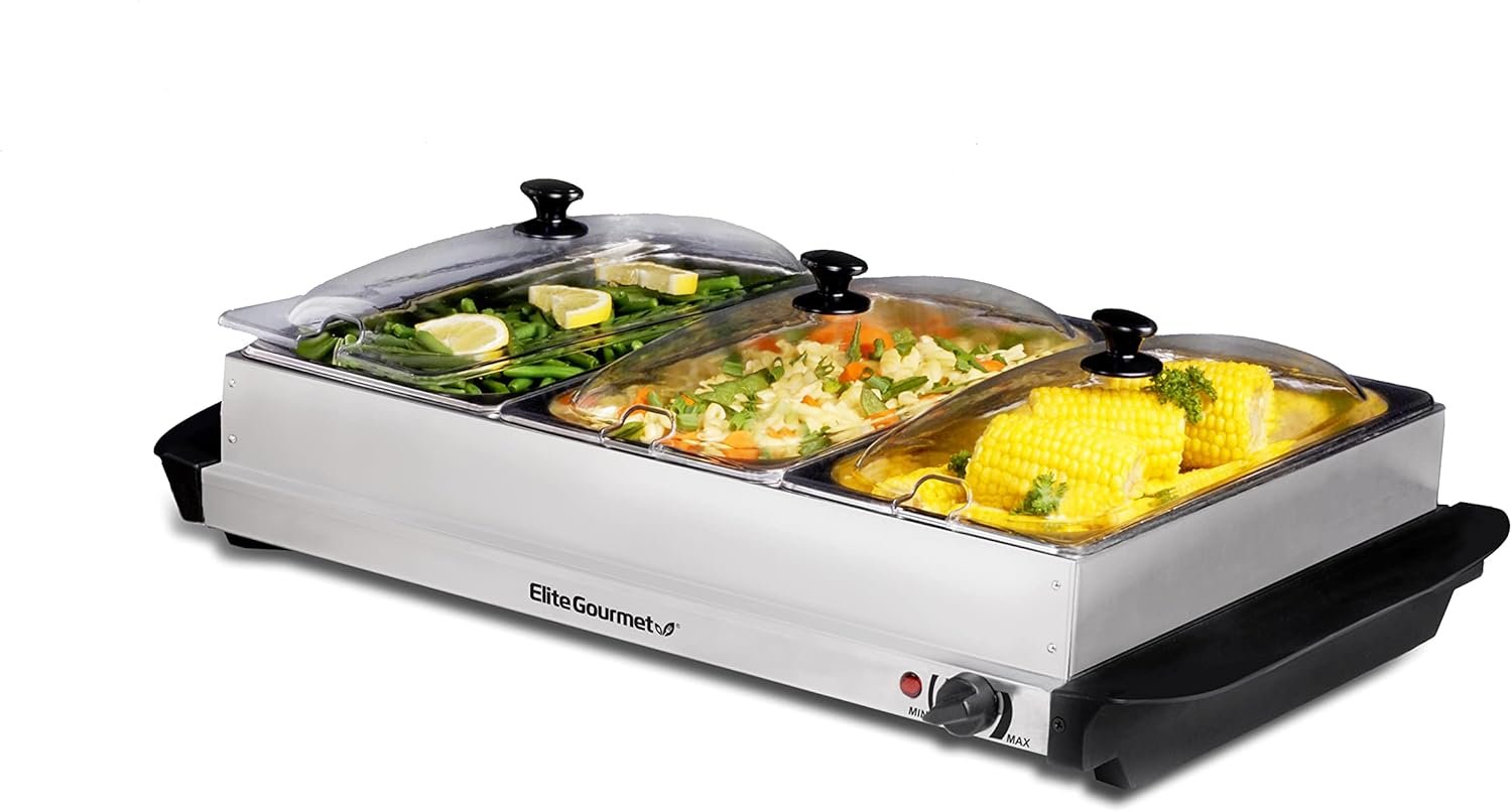 71w7PvrdzHL._AC_SL1500_.jpg Elite Gourmet EWM-6171 Triple 3 x 2.5 Qt. Trays, Buffet Server, Food Warmer Temperature Control, Clear Slotted Lids, Perfect for Parties, Entertaining & Holidays, 7.5 Qt Total, Stainless Steel - Image 1