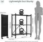 DEANIC 3 Tier Foldable Storage Shelves with Wheels, Kitchen Appliance Stand, Freestanding Metal Wire Shelf Rack, No Assembly Organizer Rolling Cart for Garage, Basement, Pantry(Black Pack of 2) - Image 3