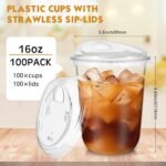 Baderke 100 Pcs Plastic Coffee Cups with Sip Lids Disposable Plastic Cups with Lids Clear Round Bottom Strawless Crystal Mugs for Iced Coffee Smoothie Cold Beverage Party Catering Supplies(16 oz) - Image 3