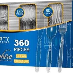 Party Bargains Disposable Cutlery set, SAPPHIRE Design, Clear Color, 360 Pieces: 180 Forks, 120 Spoons, 60 Knives