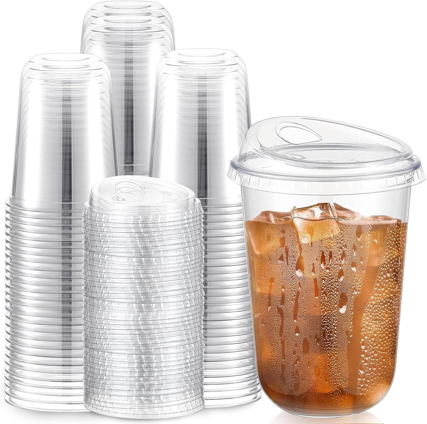 81L7lLlfIQL._AC_SL1500_.jpg Baderke 100 Pcs Plastic Coffee Cups with Sip Lids Disposable Plastic Cups with Lids Clear Round Bottom Strawless Crystal Mugs for Iced Coffee Smoothie Cold Beverage Party Catering Supplies(16 oz) - Image 1