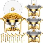 4 Pack Gold Round Chafing Dishes for Buffet, 5 QT Food Warmers and Cold Food Server for Parties, Events Hosting, Family Gatherings, Full Set Catering Supplies with Serving Utensils Accessories