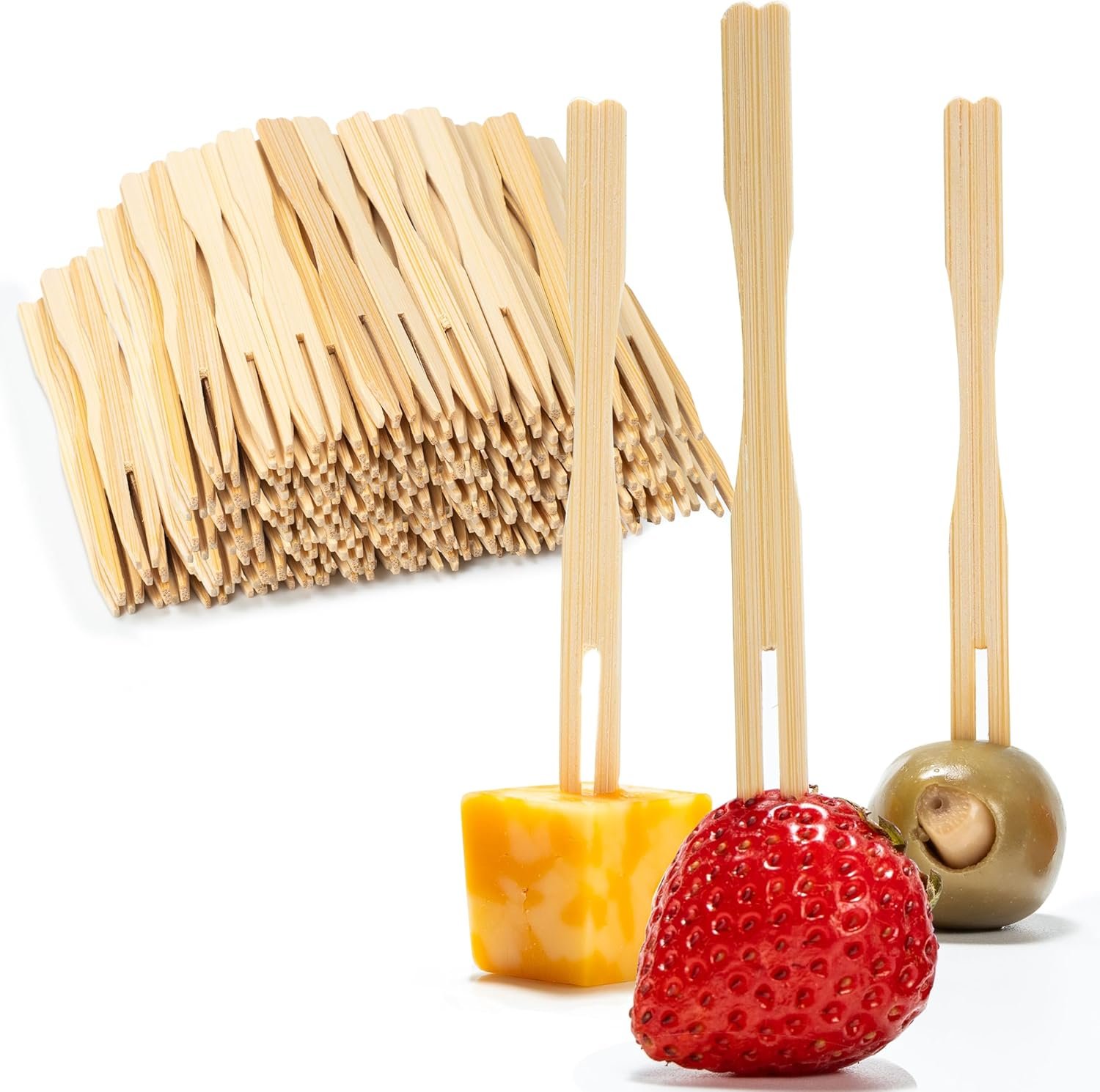 81Y4441OisL._AC_SL1500_.jpg 200 Bamboo Appetizer Forks, 3.5" Disposable Bamboo Fork for Charcuterie, Mini Forks for Appetizers, Cocktail Forks for Weddings, Small Appetizer Picks - Image 1