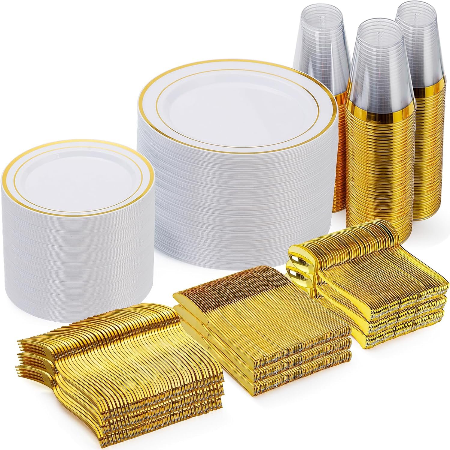 81c5FlbDenL._AC_SL1500_.jpg Goodluck 600 Pieces Gold Disposable Plates for 100 Guests, Plastic Plates for Party, Dinnerware Set of 100 Dinner and 100 Dessert Plates, 100 Spoons, 100 Forks, 100 Knives, 100 Cups - Image 1