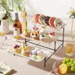 Lifewit Plastic 3 Tier Serving Tray for Party Supplies, 12" x 6.5" Crack-Proof Platters for Serving Food, White Reusable Trays with Black Metal Display Stand for Veggie, Fruit, Cookies, Dessert - Image 2
