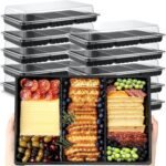 Shellwei 10 Pack Extra Large Divided Catering Trays with Lids 15 x 10 Inch Charcuterie Board with Lid Reusable Plastic Tiramisu Catering Trays Serving Platter for Travel Picnic Party (Black)