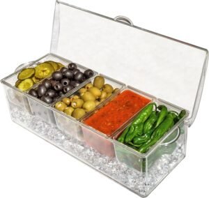 Ice Chilled 5 Compartment Condiment Server Caddy - Serving Tray Container with 5 Removable Dishes with Over 2 Cup Capacity Each and Hinged Lid | 3 Serving Spoons + 3 Tongs Included - Image 8