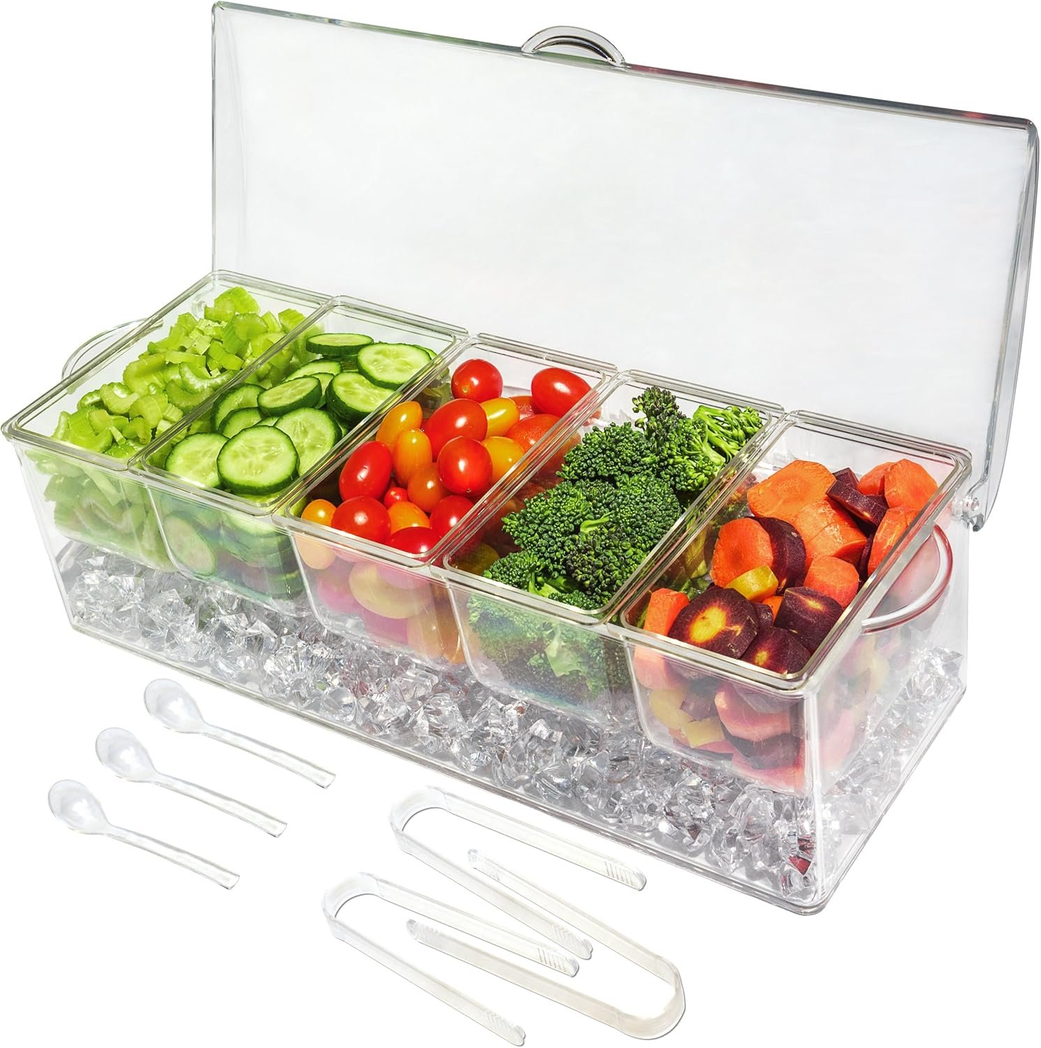 91ACG6ZBBuL._AC_SL1500_.jpg Ice Chilled 5 Compartment Condiment Server Caddy - Serving Tray Container with 5 Removable Dishes with Over 2 Cup Capacity Each and Hinged Lid | 3 Serving Spoons + 3 Tongs Included - Image 1