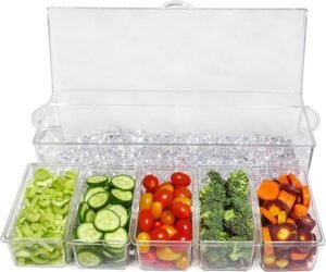 Ice Chilled 5 Compartment Condiment Server Caddy - Serving Tray Container with 5 Removable Dishes with Over 2 Cup Capacity Each and Hinged Lid | 3 Serving Spoons + 3 Tongs Included - Image 3